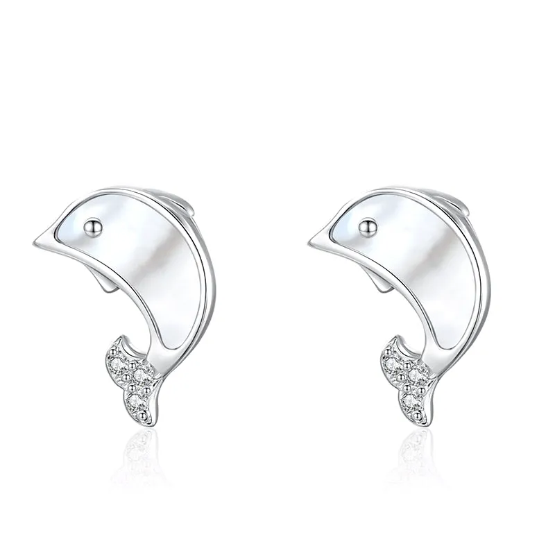 Mother-of-pearl Dolphin Silver Studs Earrings for Women