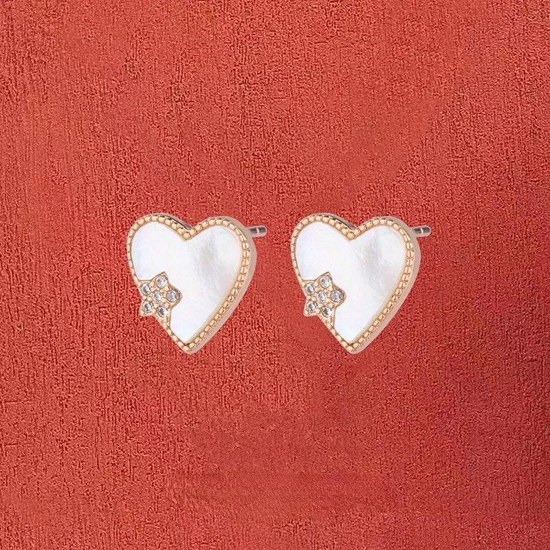 Mother of Pearl Heart with Zircon Star Silver Studs Earrings for Women