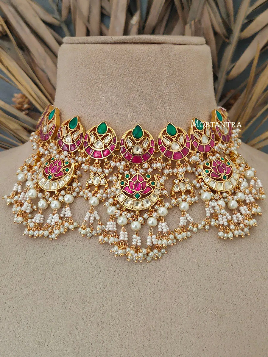 Multicolor Gold Plated Jadau Kundan Bridal Necklace Set - MS1363M