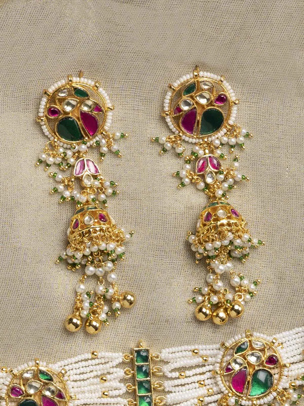 Multicolor Gold Plated Jadau Kundan Necklace Set - MS1944M