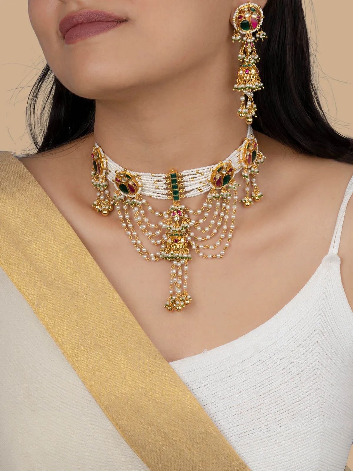 Multicolor Gold Plated Jadau Kundan Necklace Set - MS1944M