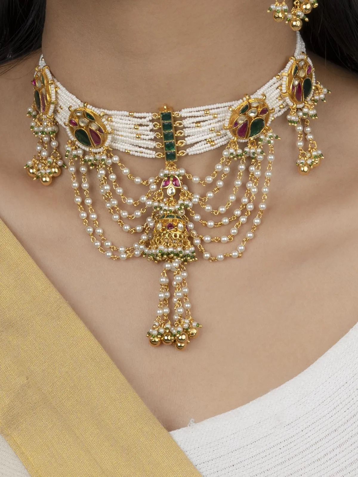 Multicolor Gold Plated Jadau Kundan Necklace Set - MS1944M