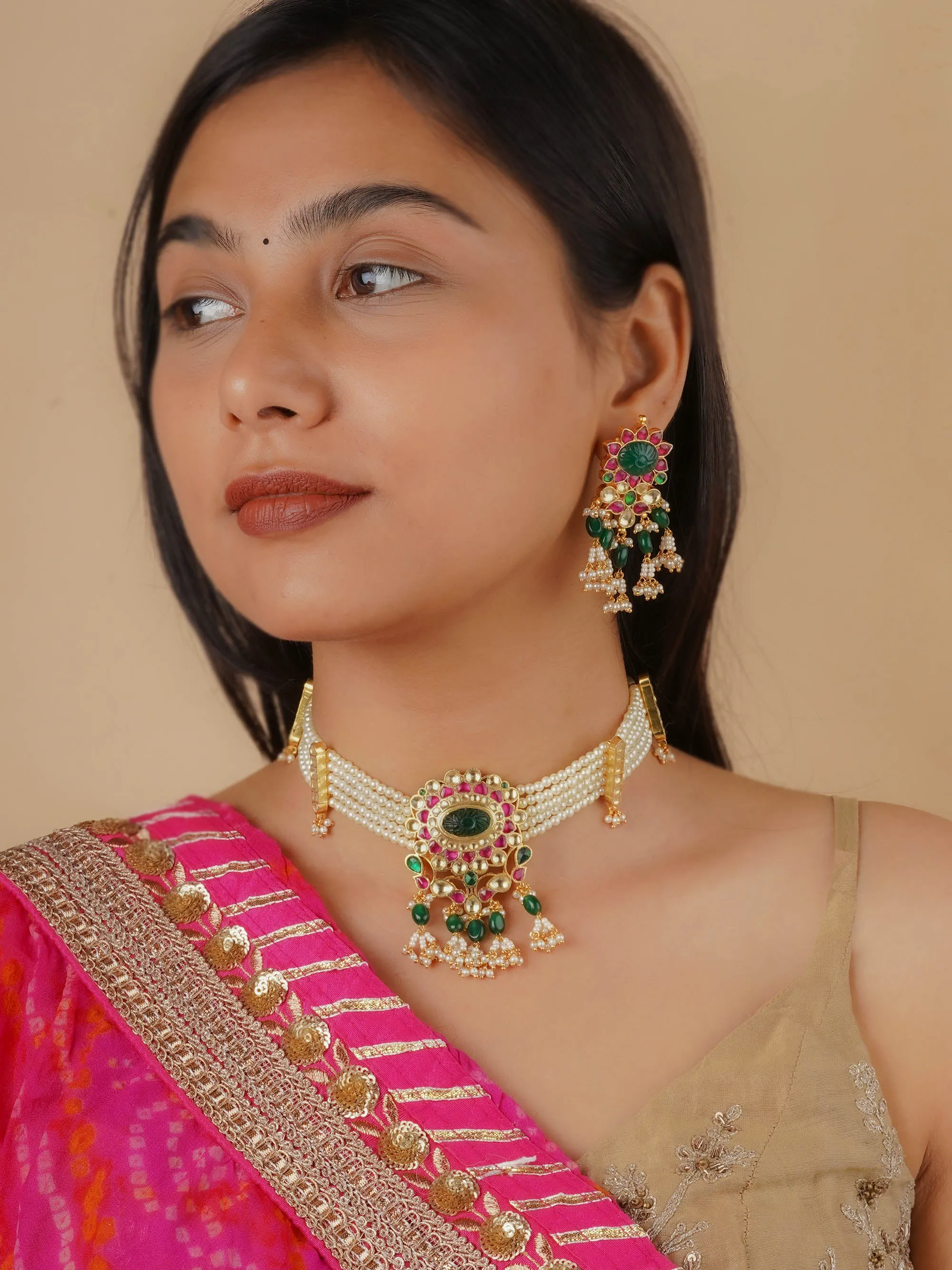 Multicolor Gold Plated Jadau Kundan Necklace Set - MS1961MA