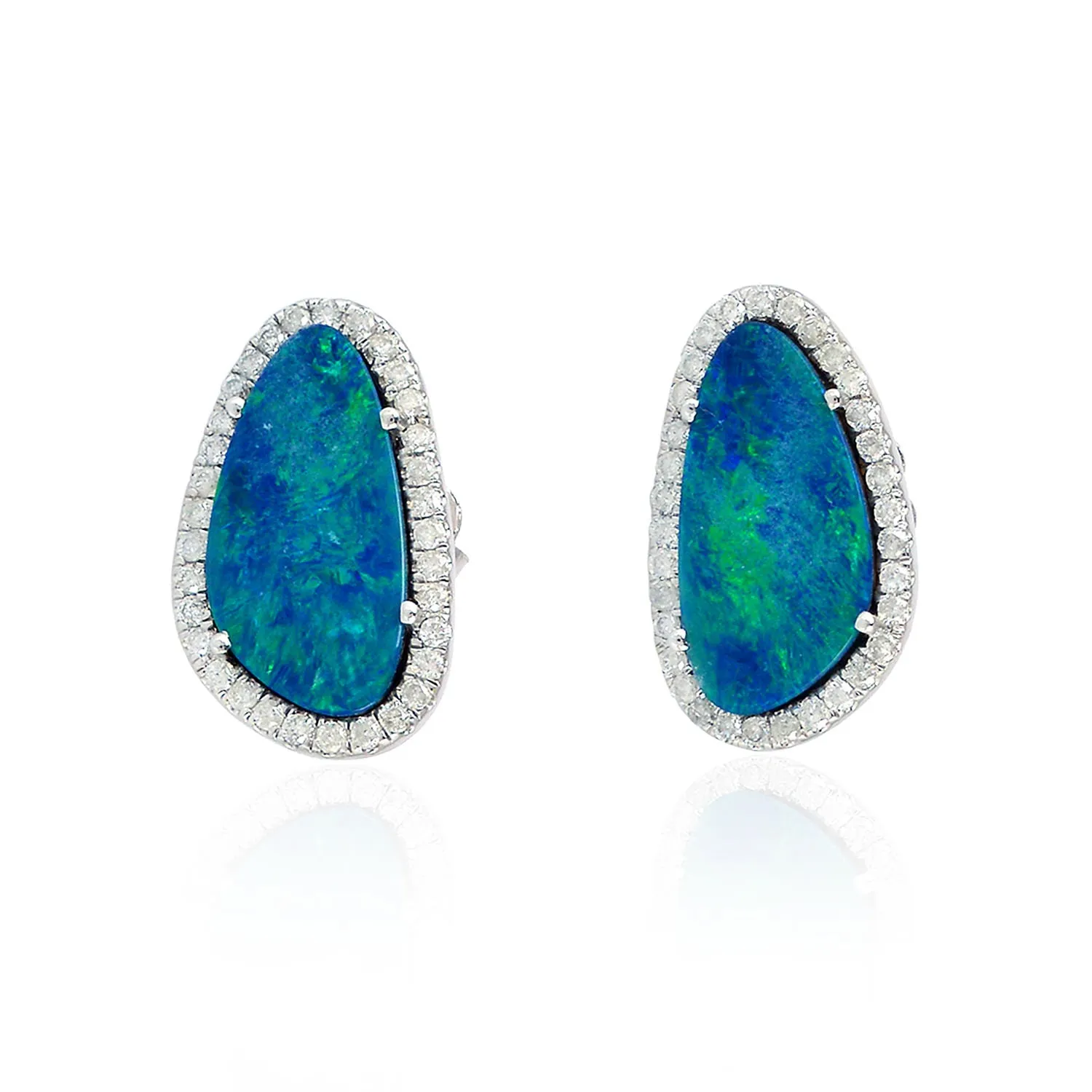 Natural Opal Doublet Prong Diamond Designer Stud Earrings In 18K White Gold