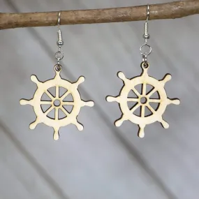 Nautical Ships Wheel Wooden Dangle Earrings by Cate's Concepts, LLC