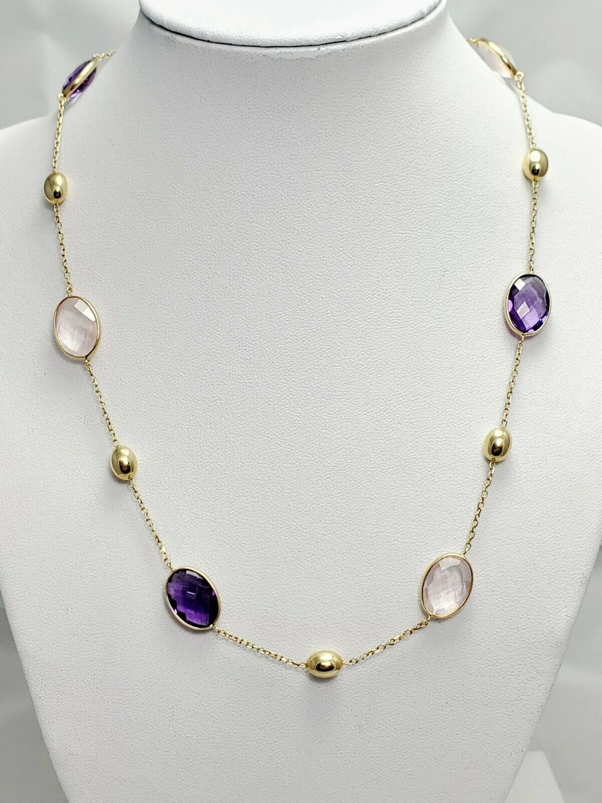 New! 18" 14k Gold Amethyst & Rose Quartz Necklace Italy