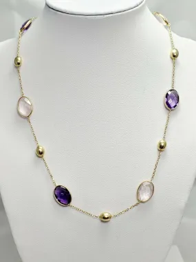 New! 18" 14k Gold Amethyst & Rose Quartz Necklace Italy