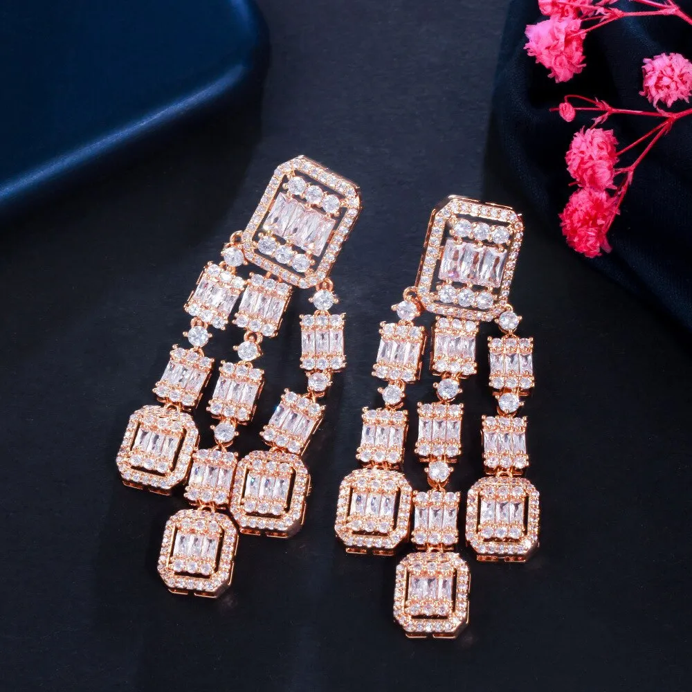 New Clear Tassels Cubic Zircon CZ Square Earrings,CZ Dangle Earring for Wedding, Women Dinner Accessories Jewelry SZE0425