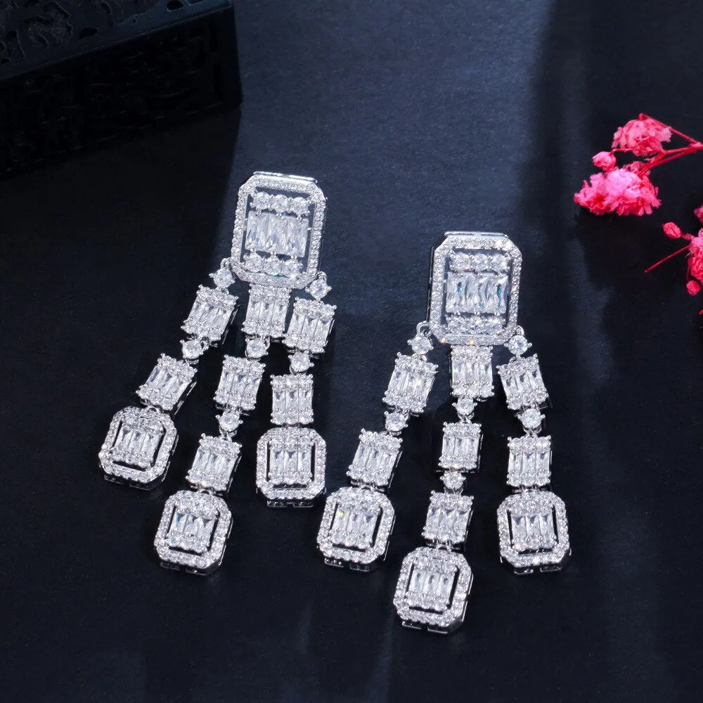 New Clear Tassels Cubic Zircon CZ Square Earrings,CZ Dangle Earring for Wedding, Women Dinner Accessories Jewelry SZE0425