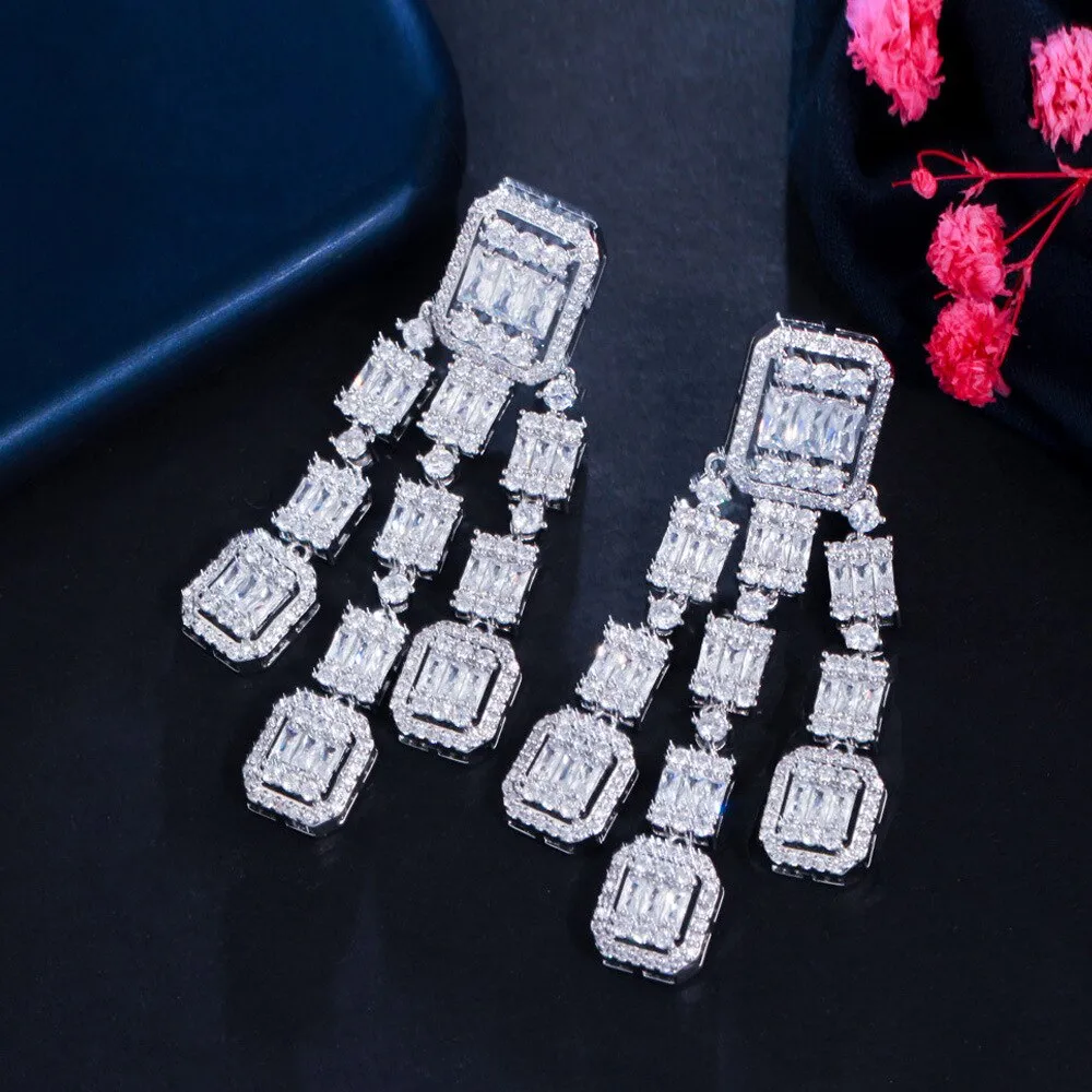 New Clear Tassels Cubic Zircon CZ Square Earrings,CZ Dangle Earring for Wedding, Women Dinner Accessories Jewelry SZE0425