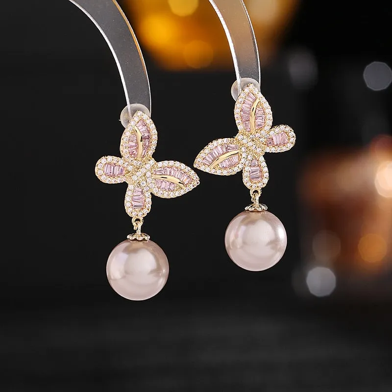 New Fashion Cubic Zircon  Pearl Butterfly Earrings Women Wedding, Birthday Party Jewelry LYH010