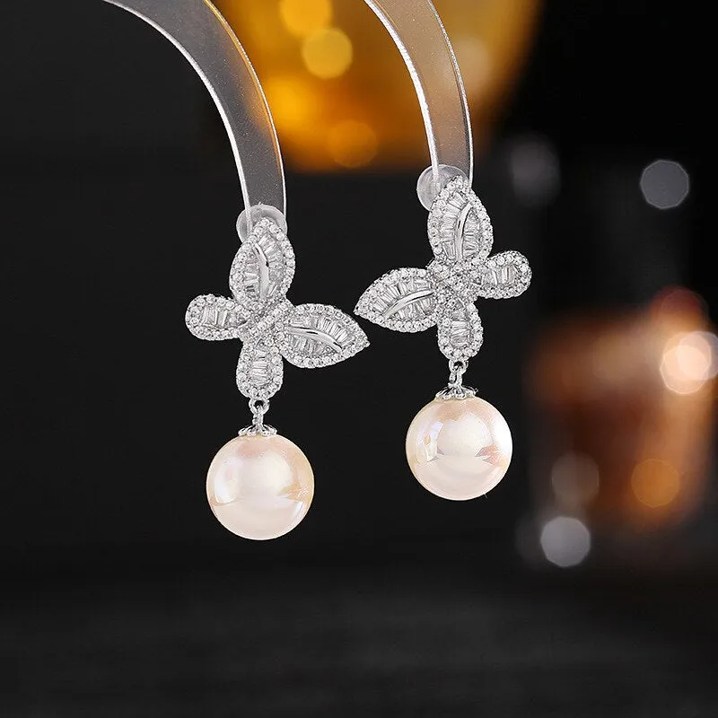 New Fashion Cubic Zircon  Pearl Butterfly Earrings Women Wedding, Birthday Party Jewelry LYH010