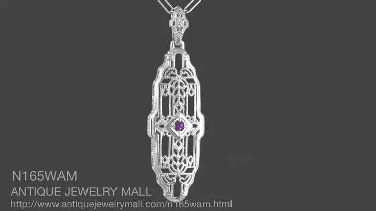 North South 1920's Filigree Amethyst Pendant Necklace in Sterling Silver - Art Deco Antique Inspired