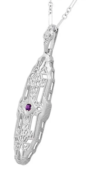 North South 1920's Filigree Amethyst Pendant Necklace in Sterling Silver - Art Deco Antique Inspired