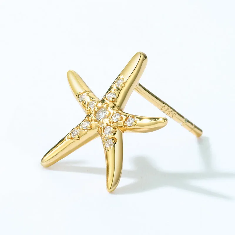 Ocean Starfish Zircon Sterling Silver Stud Earrings