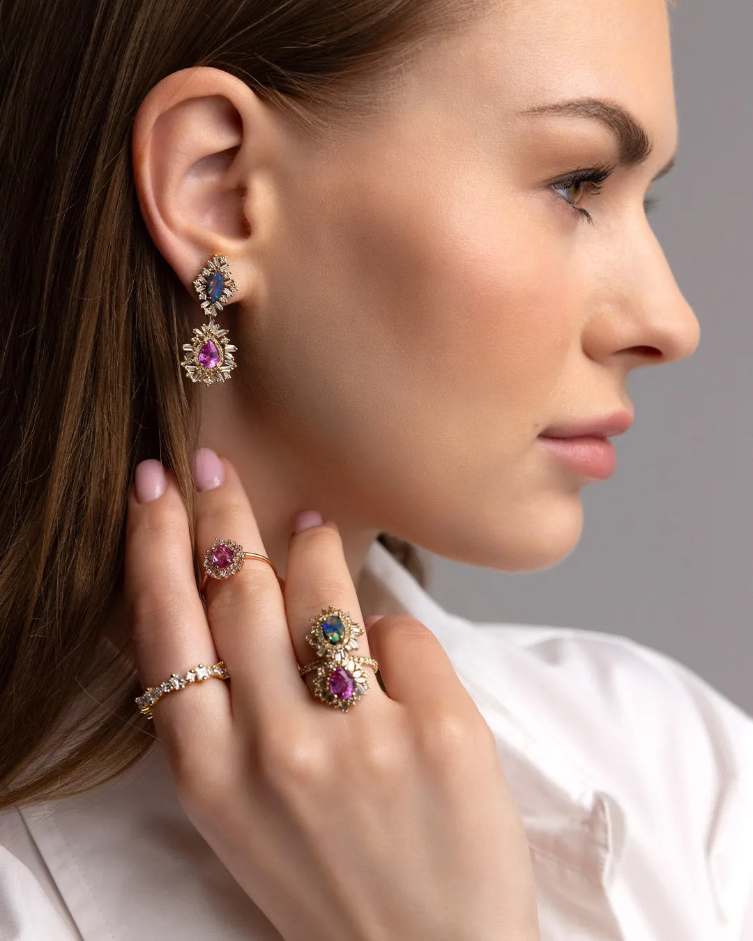 One of a Kind Opal Doublet & Pink Sapphire Tear Drop Earrings