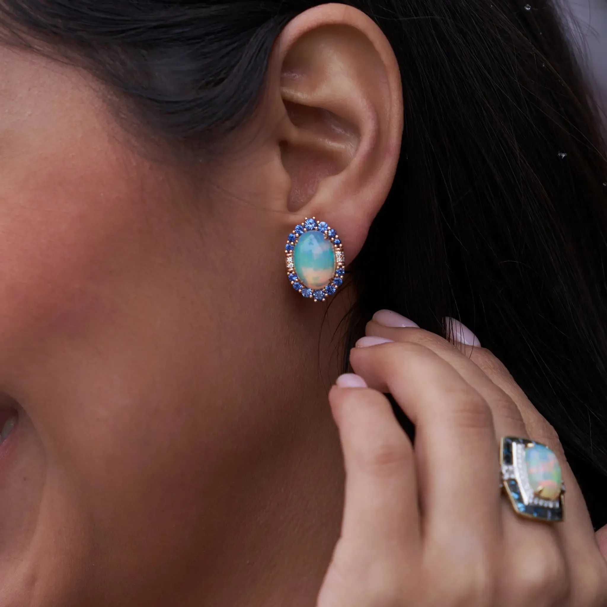 Opal Cabochon with Sapphire Halo and Diamond Accented Stud Earrings