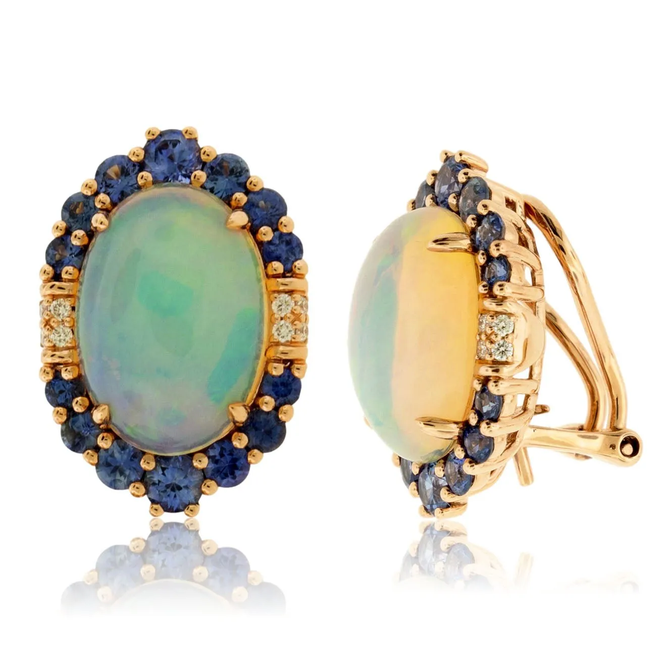 Opal Cabochon with Sapphire Halo and Diamond Accented Stud Earrings