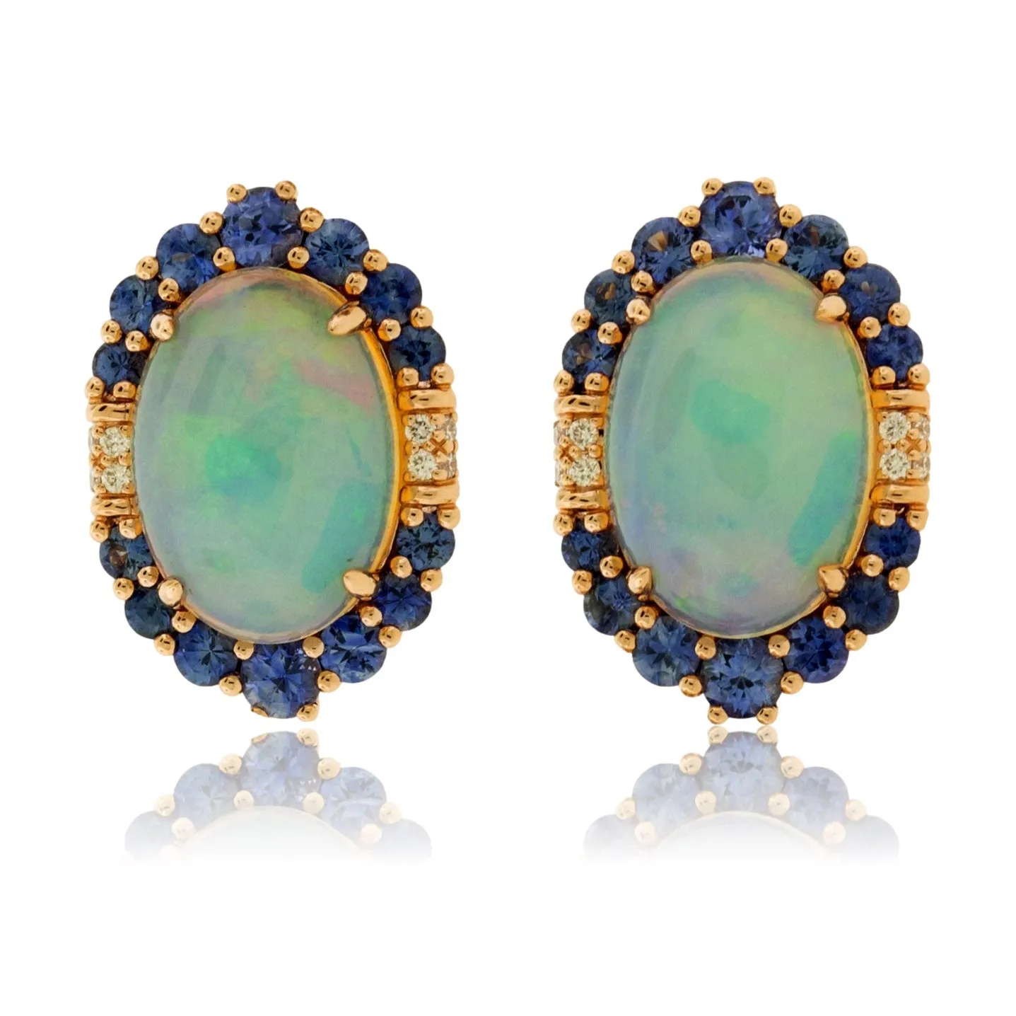 Opal Cabochon with Sapphire Halo and Diamond Accented Stud Earrings