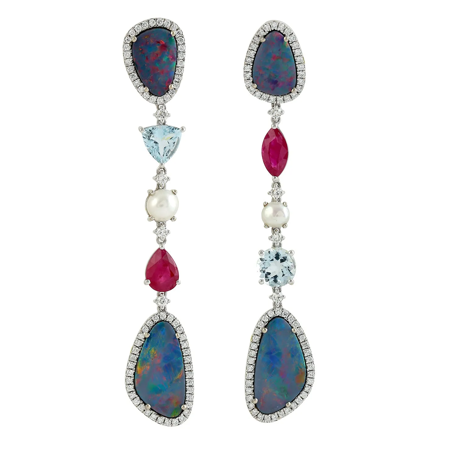 Opal Doublet Prong Pearl Ruby Pave Diamond Long Drop Dangler In 18k White Gold Gift