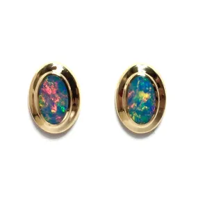 Opal Earrings Oval Inlaid Design Studs