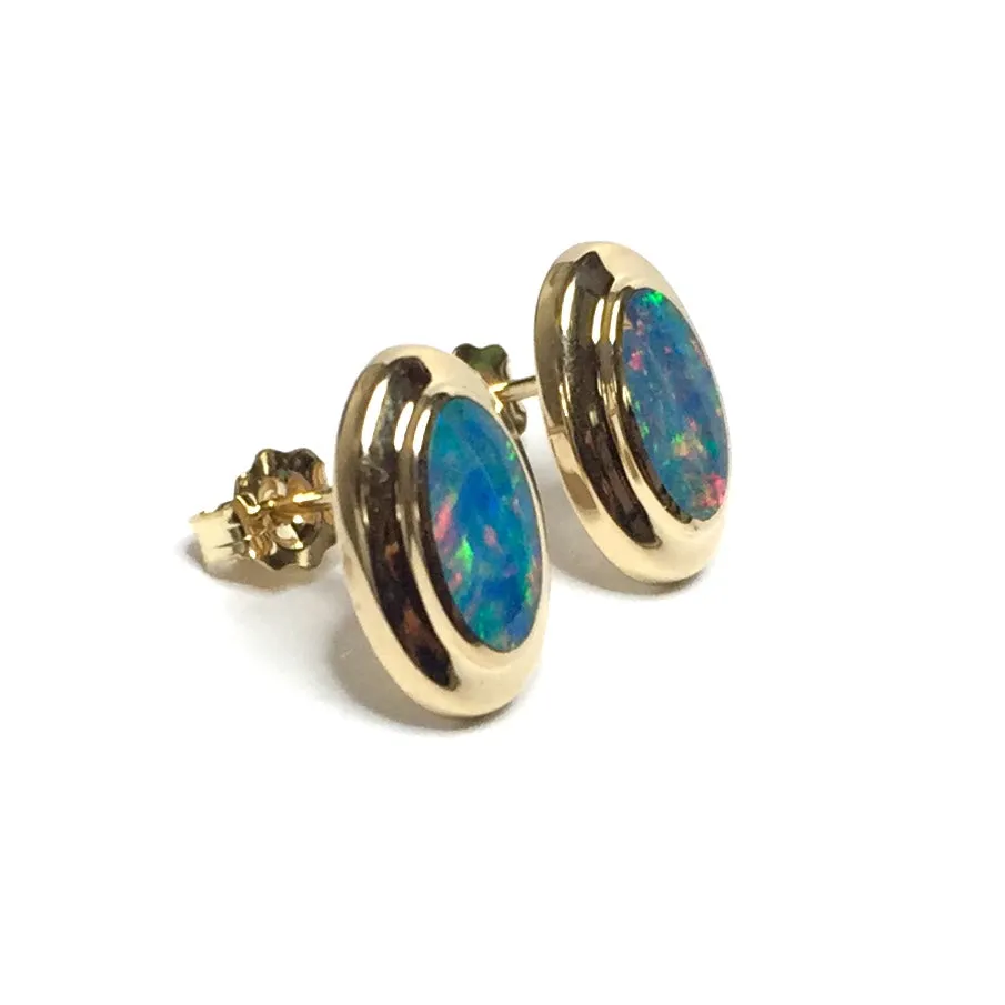 Opal Earrings Oval Inlaid Design Studs