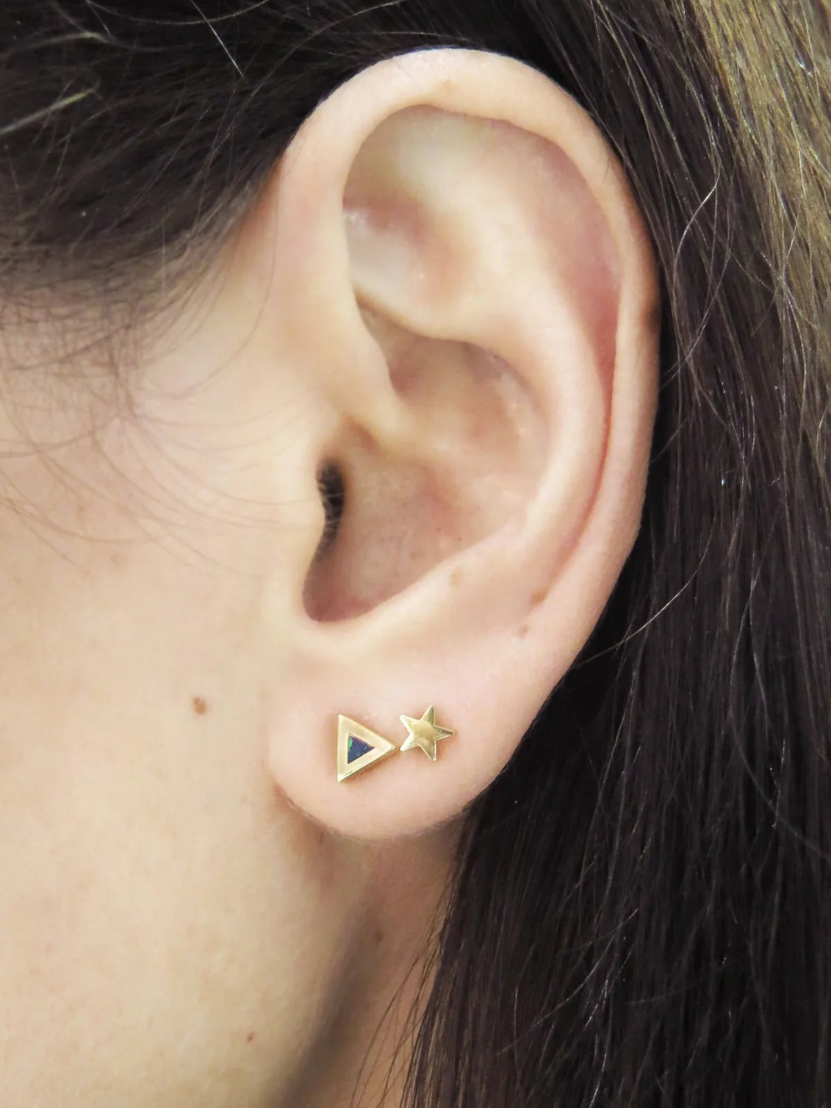 Opal Inlay Triangle Yellow Gold Stud Earrings