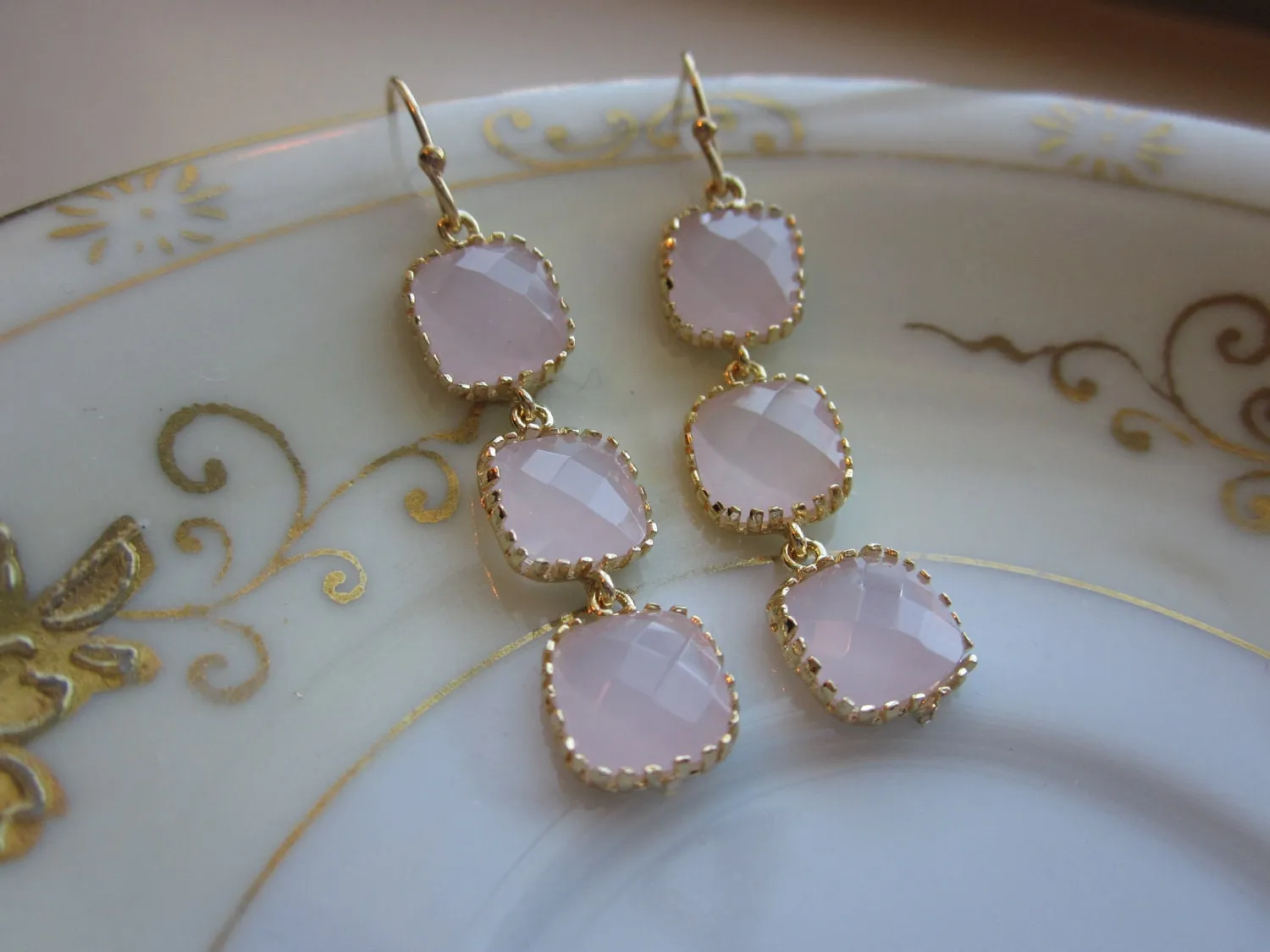 Opal Pink Earrings Light Pink Gold - three tier - Wedding Earrings - Bridesmaid Earrings - Bridal Earrings