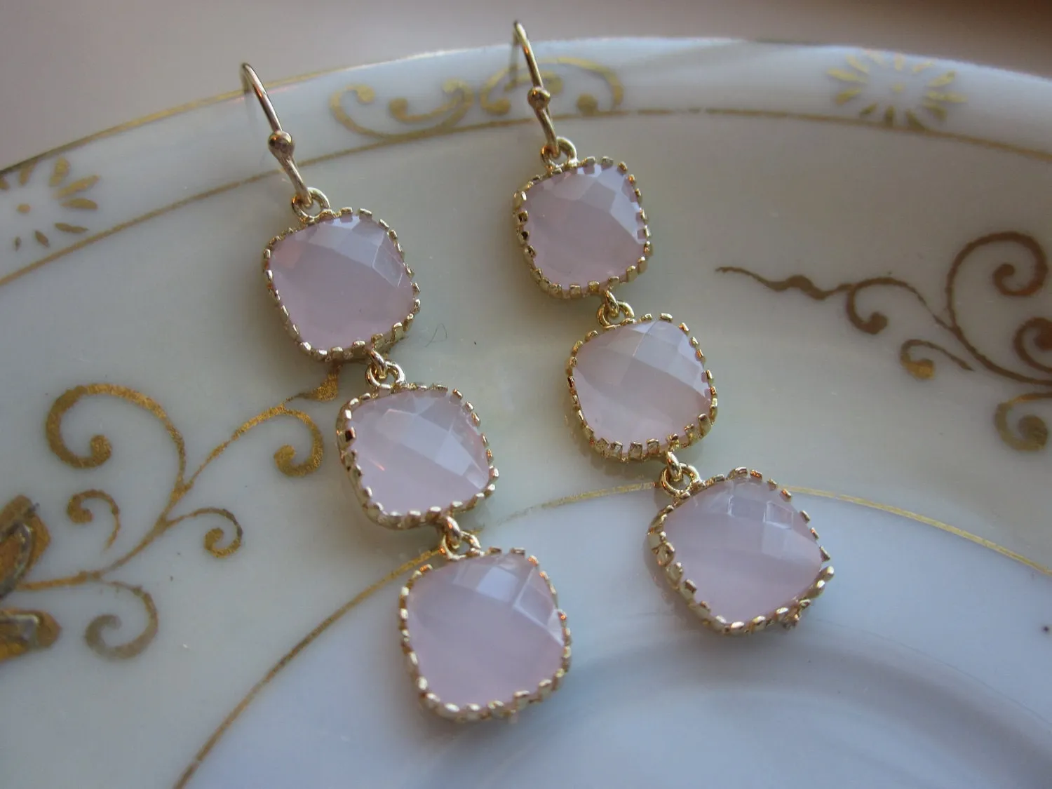 Opal Pink Earrings Light Pink Gold - three tier - Wedding Earrings - Bridesmaid Earrings - Bridal Earrings