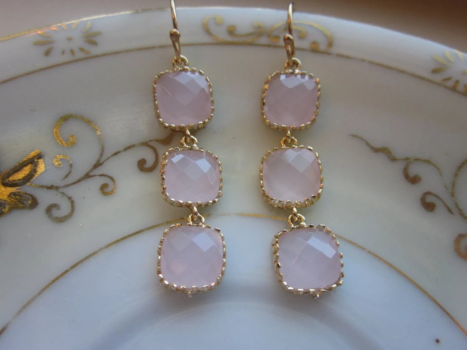 Opal Pink Earrings Light Pink Gold - three tier - Wedding Earrings - Bridesmaid Earrings - Bridal Earrings