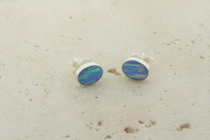 opal stud - oval - blue rose