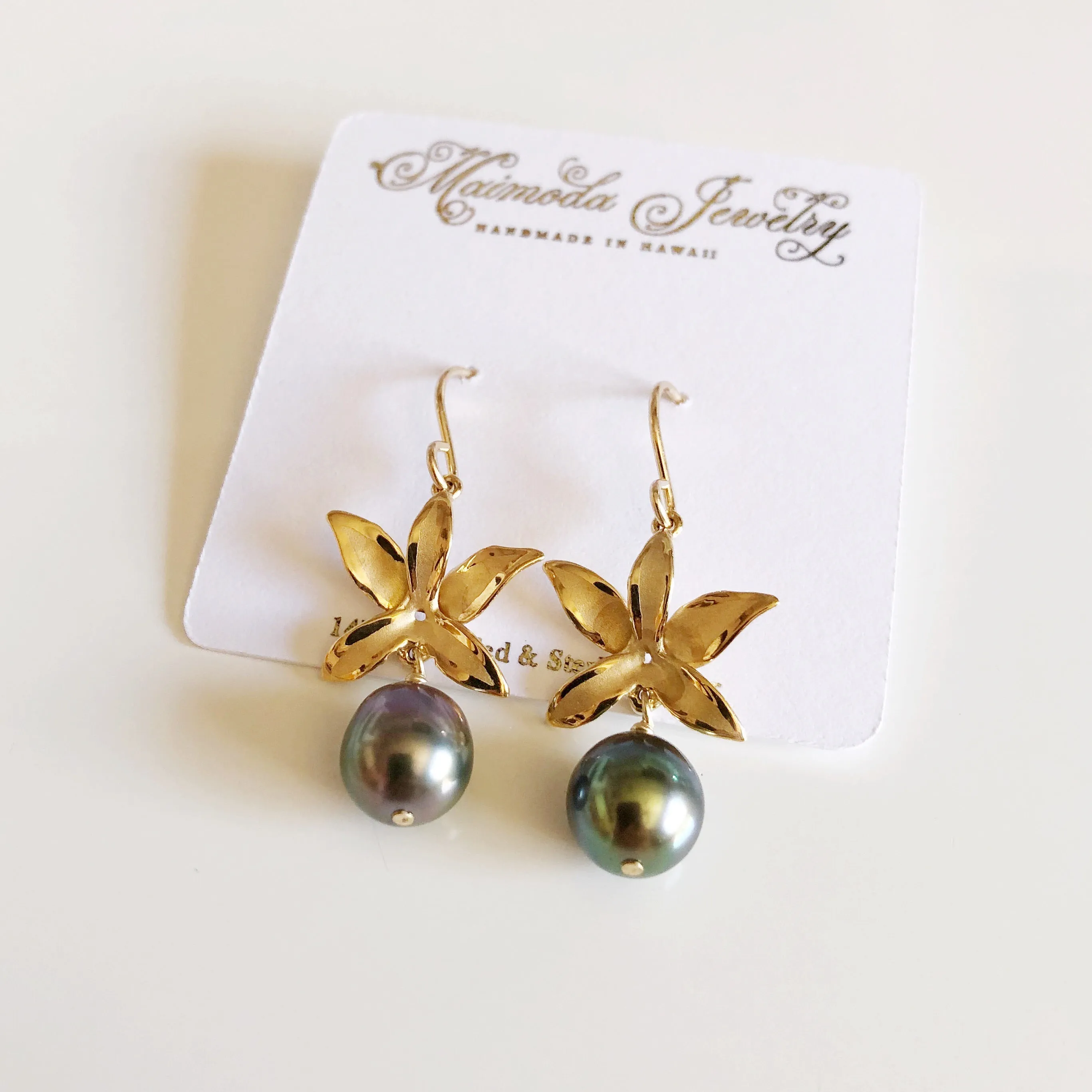 Orchid earrings - 5 petals with tahitian pearls (E514)