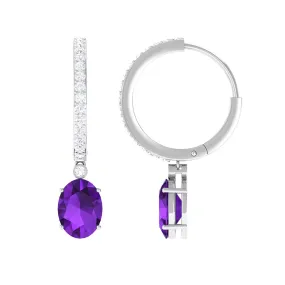 Oval Amethyst Hinged Hoop Drop Earrings with Diamond