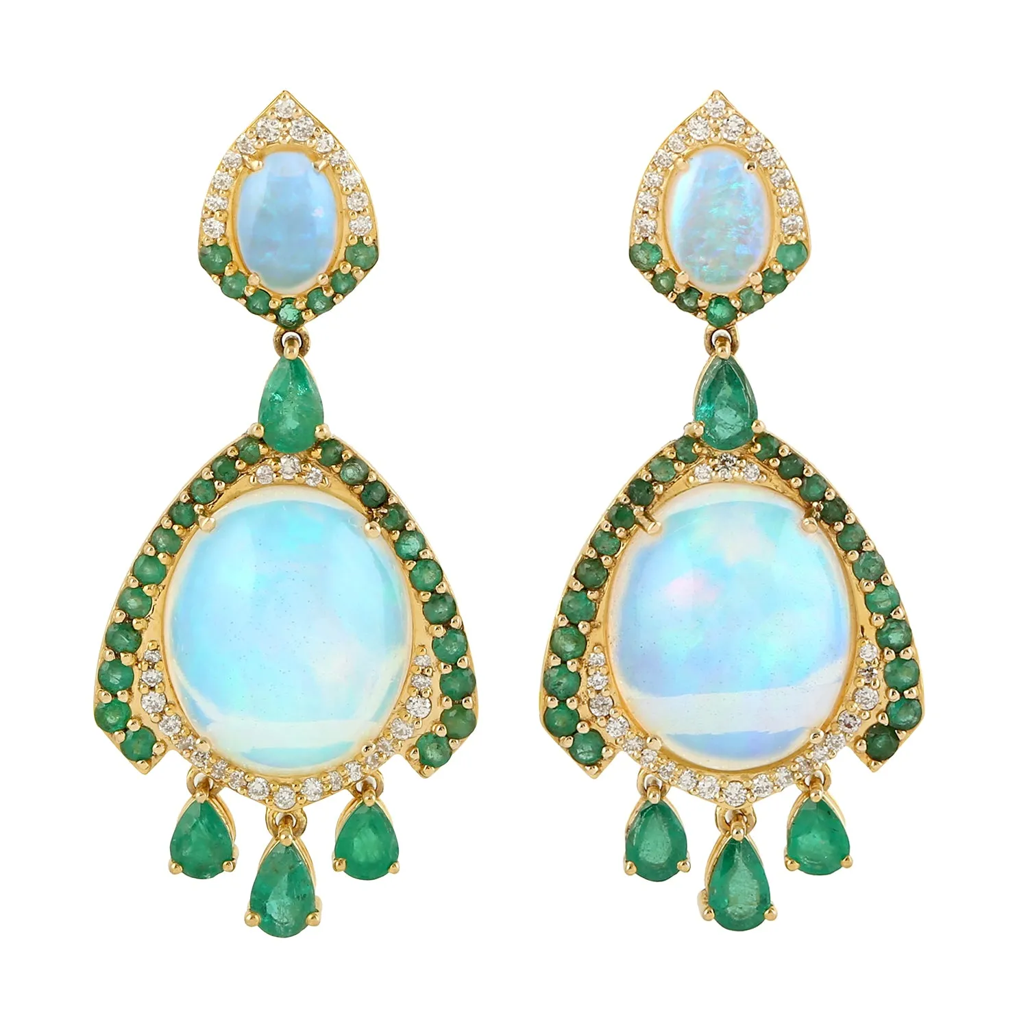 Oval Cut Opal Ethiopian Pave Diamond Pear Cut Emerald Dangler In 18k Yellow Gold For Her