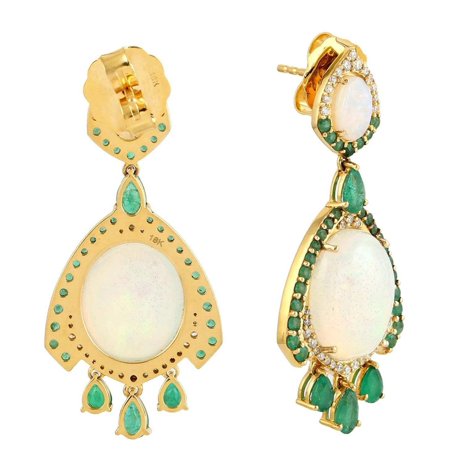 Oval Cut Opal Ethiopian Pave Diamond Pear Cut Emerald Dangler In 18k Yellow Gold For Her