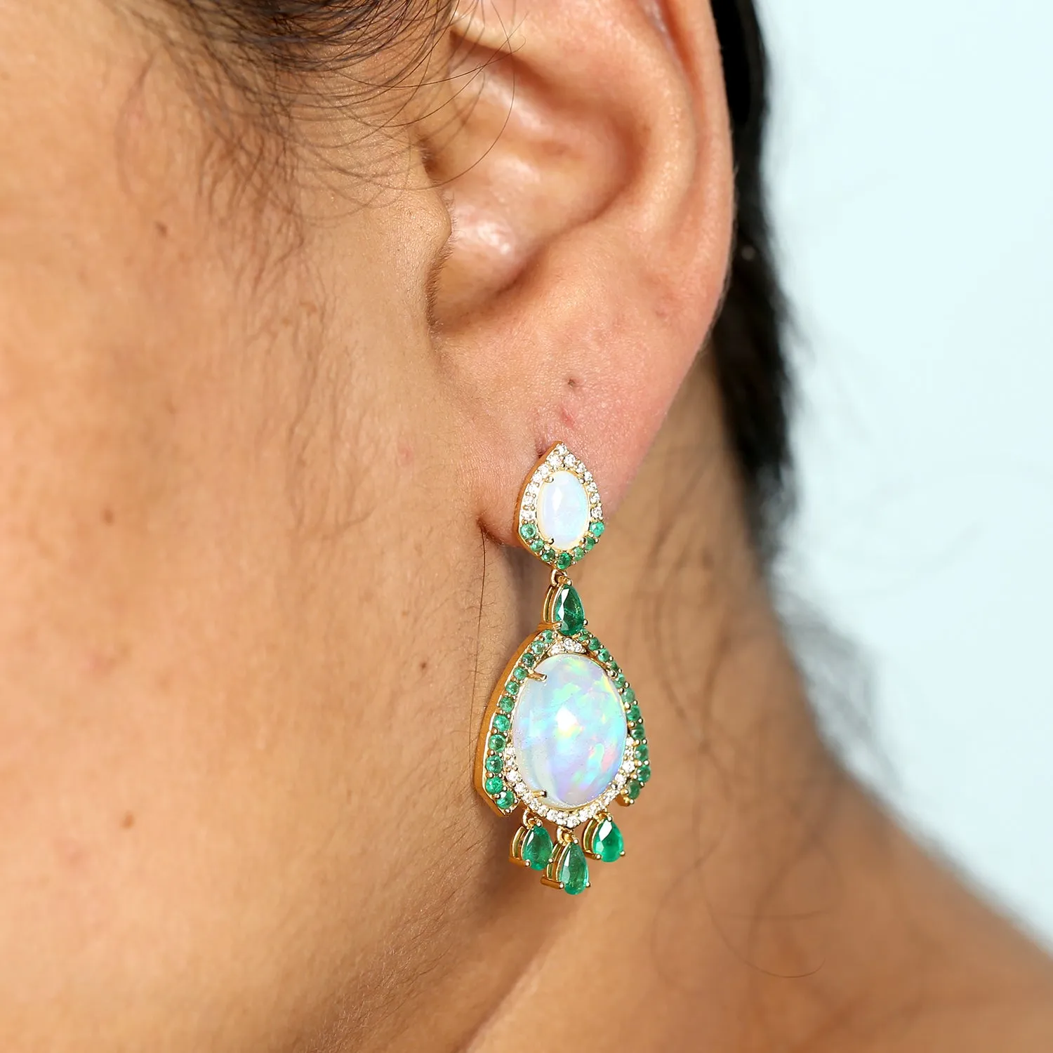 Oval Cut Opal Ethiopian Pave Diamond Pear Cut Emerald Dangler In 18k Yellow Gold For Her