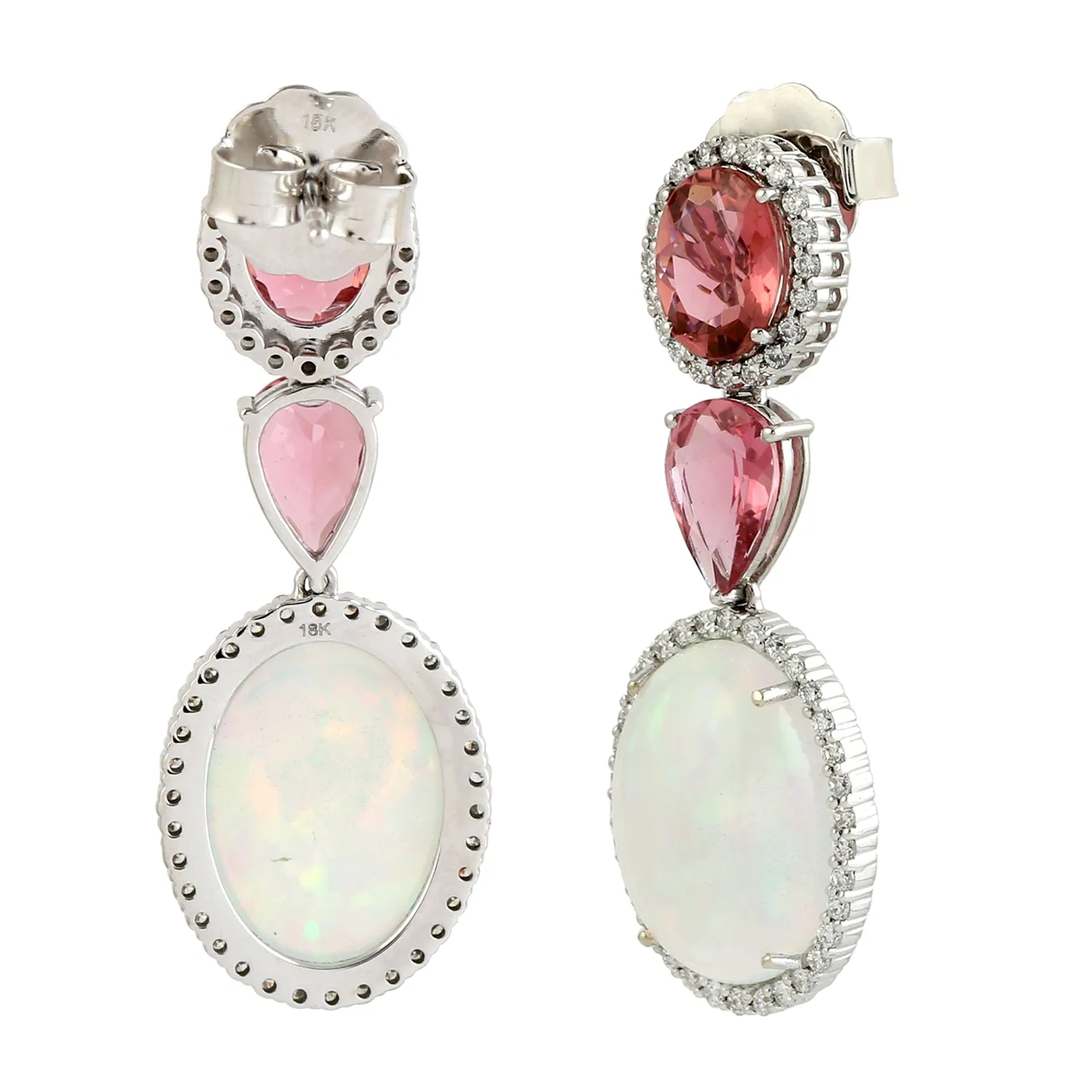 Oval Cut Opal Ethiopian Prong Pink Tourmaline Pave Diamond In 18k White Gold Dangler