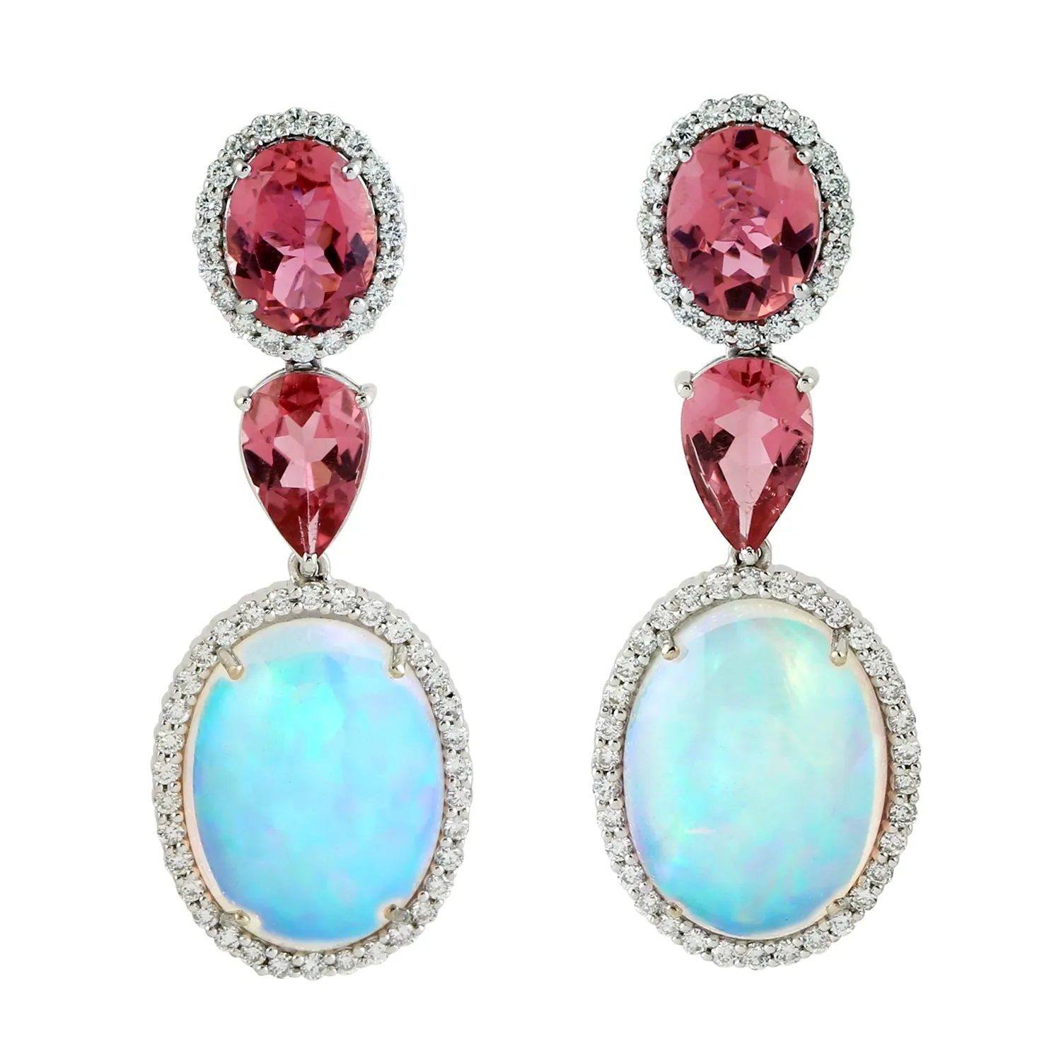 Oval Cut Opal Ethiopian Prong Pink Tourmaline Pave Diamond In 18k White Gold Dangler