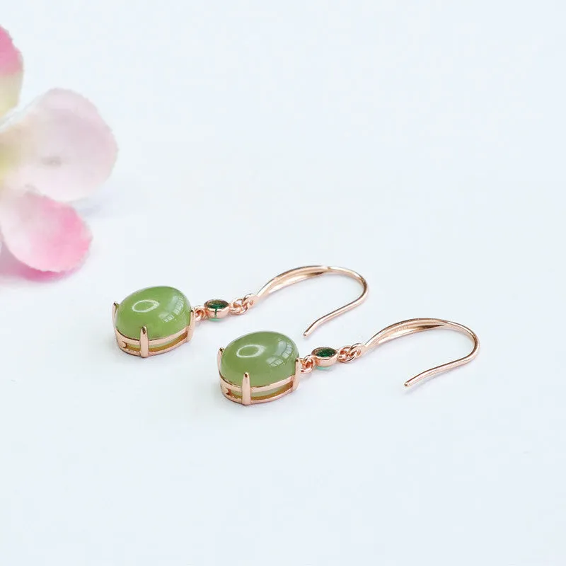 Oval Green Jade Sterling Silver Earrings with Lake Water Design