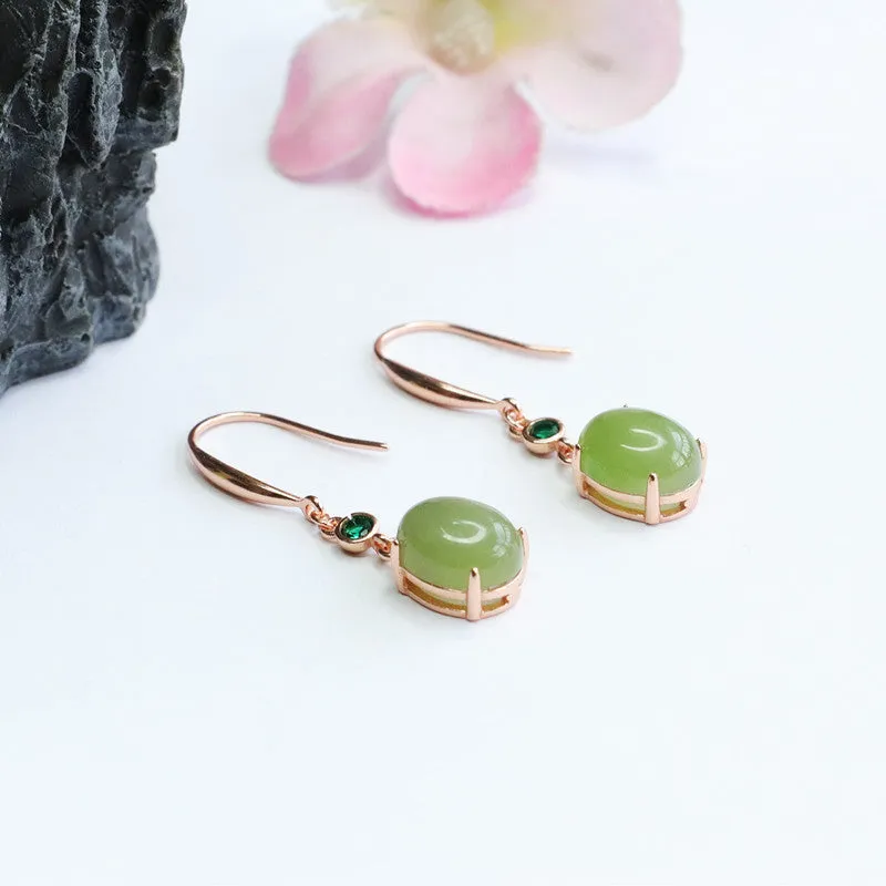 Oval Green Jade Sterling Silver Earrings with Lake Water Design