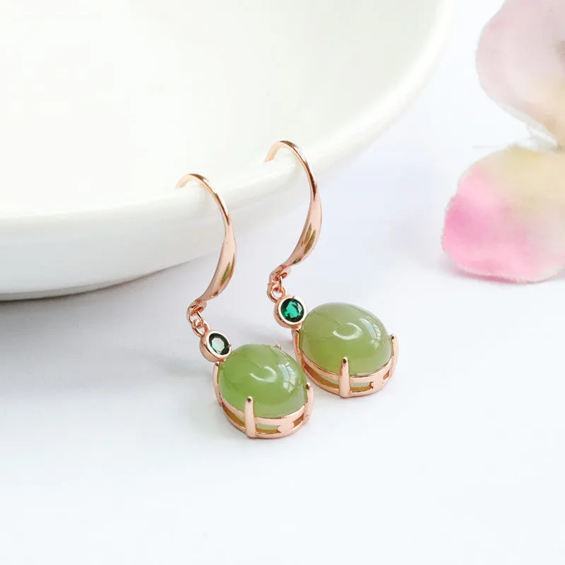 Oval Green Jade Sterling Silver Earrings with Lake Water Design