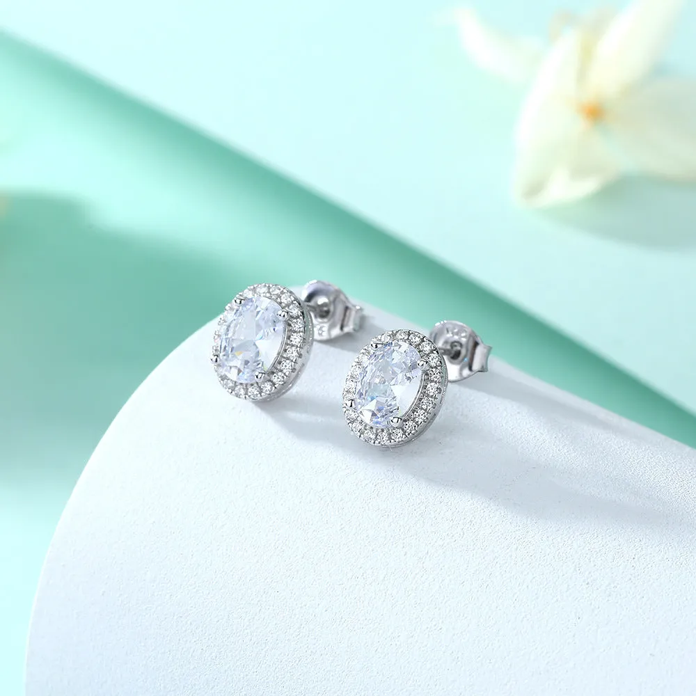 Oval Zircon Soleste Halo Silver Studs Earrings for Women