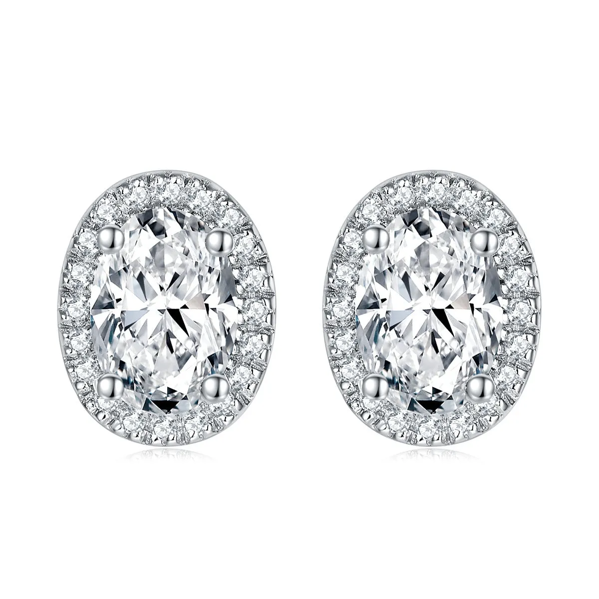 Oval Zircon Soleste Halo Silver Studs Earrings for Women