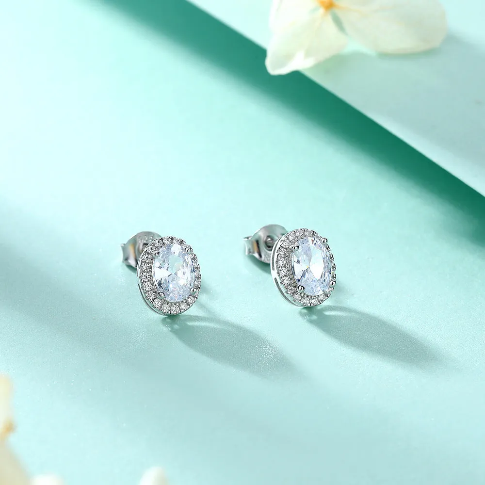 Oval Zircon Soleste Halo Silver Studs Earrings for Women