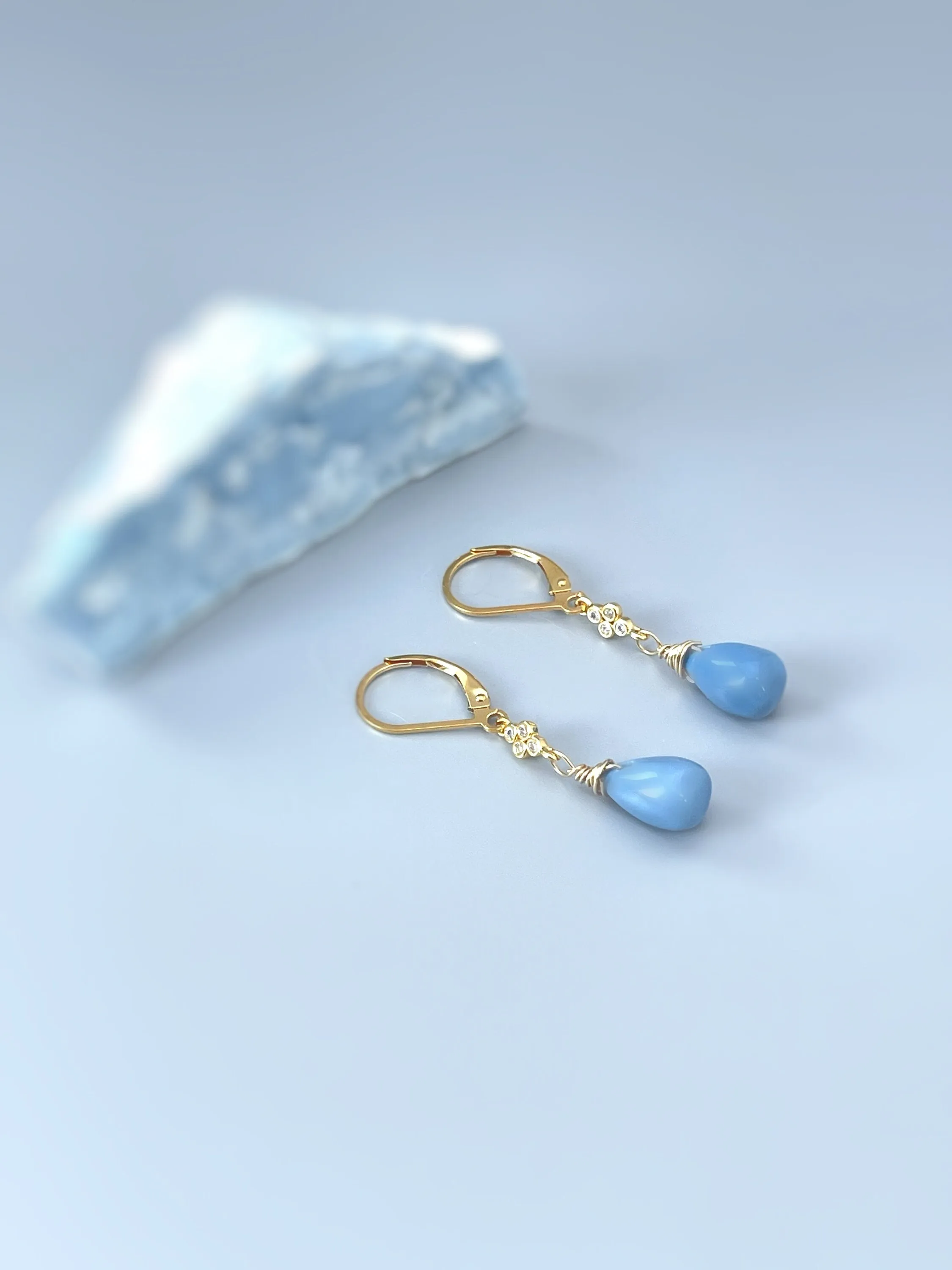 Owyhee Blue Opal earrings dangle with crystals Gold, Rose Gold, Sterling silver