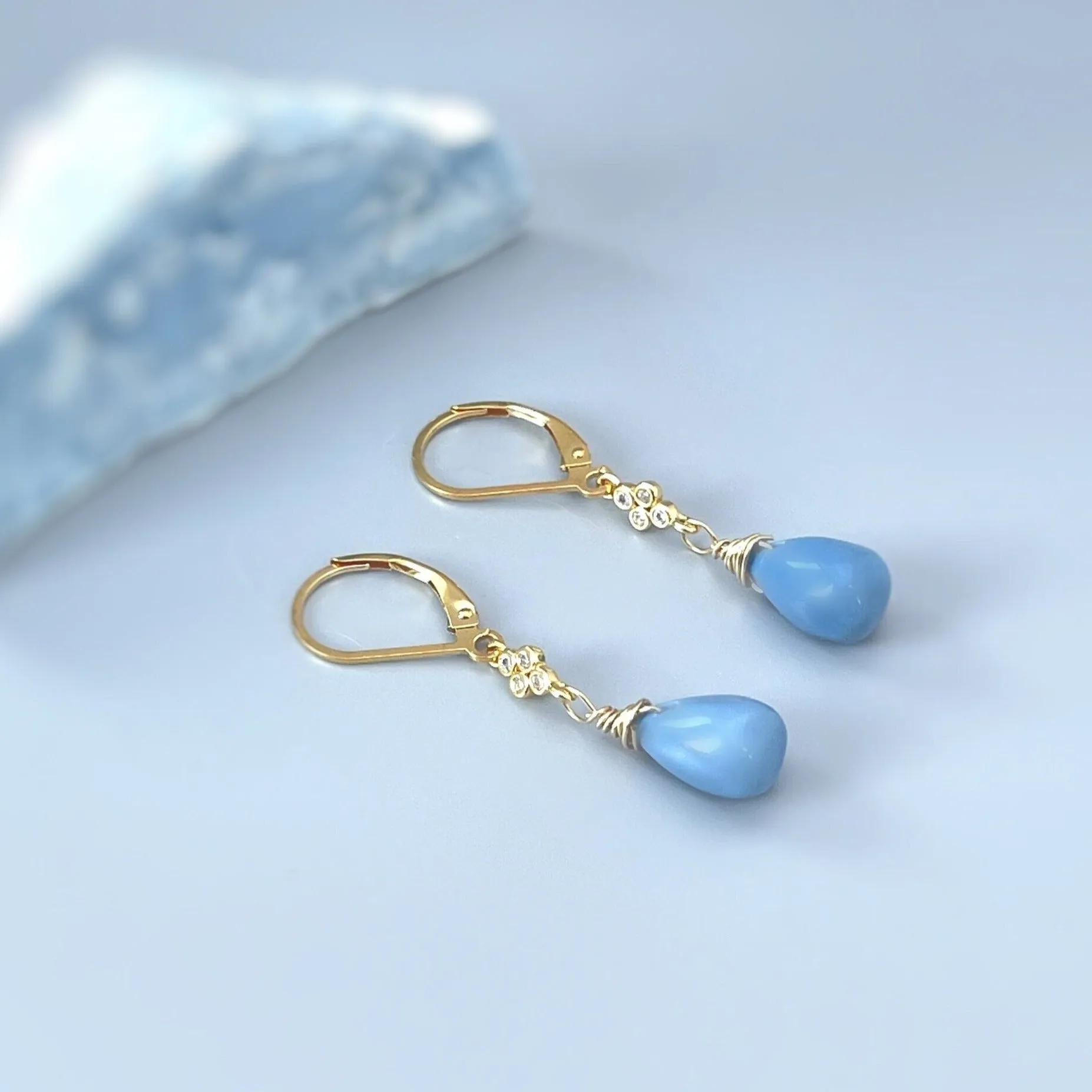 Owyhee Blue Opal earrings dangle with crystals Gold, Rose Gold, Sterling silver