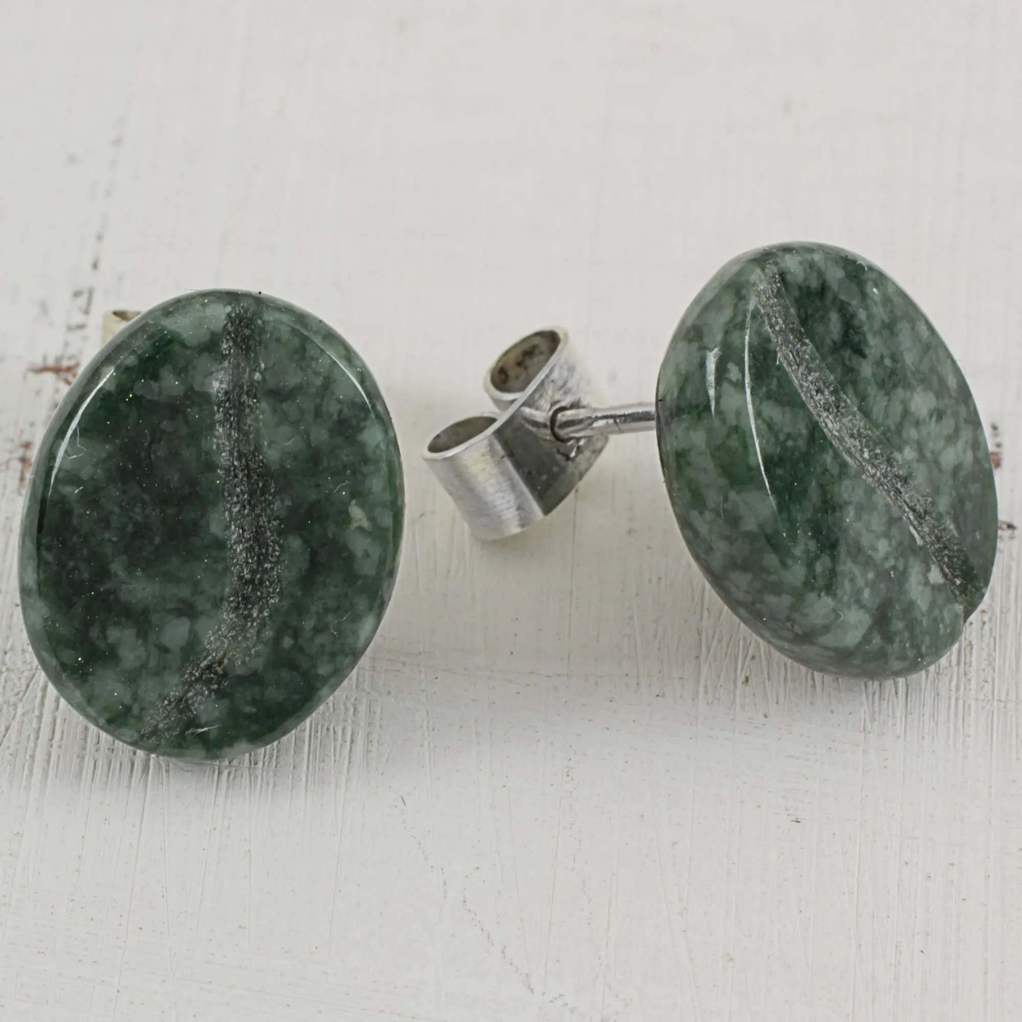 Passion for Coffee in Green Jade and Sterling Silver Stud Earrings from Guatemala