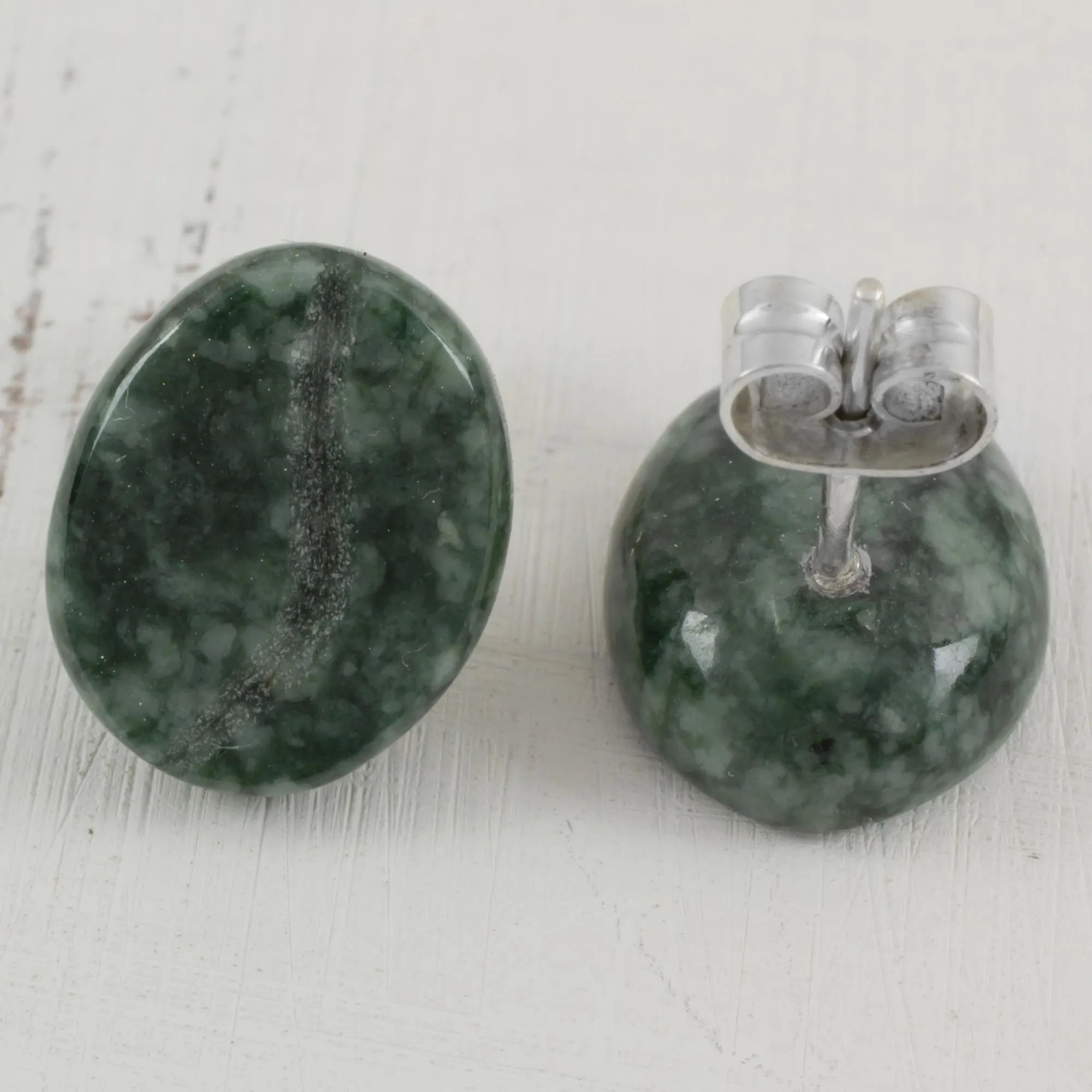 Passion for Coffee in Green Jade and Sterling Silver Stud Earrings from Guatemala