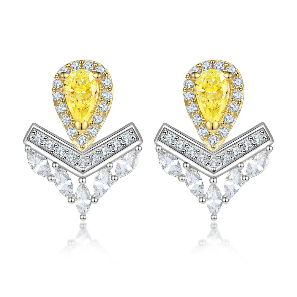 Pear Drop Yellow Zircon V-shape Silver Studs Earrings for Women