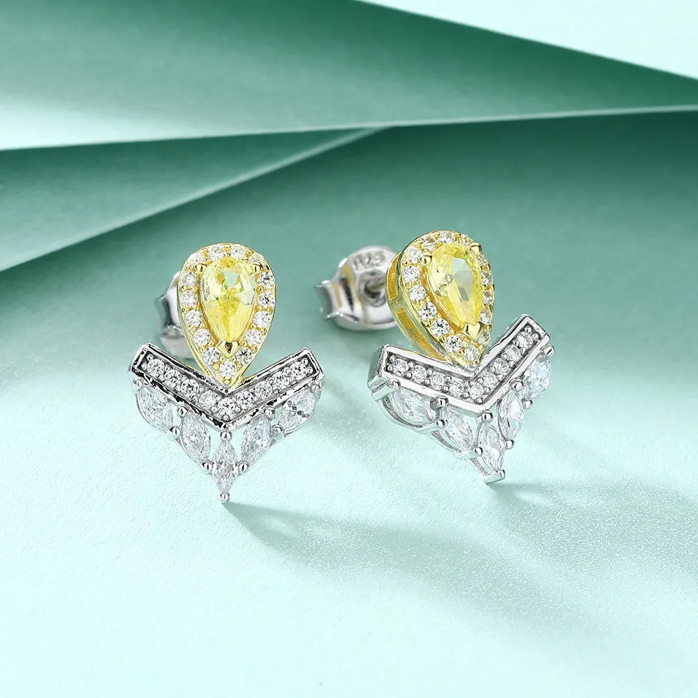 Pear Drop Yellow Zircon V-shape Silver Studs Earrings for Women